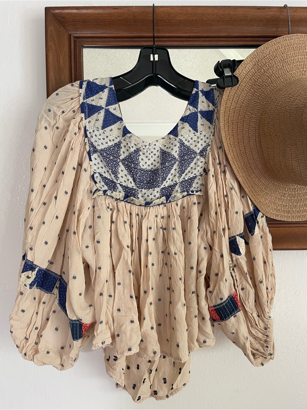 Free People Cream Peasant Blouse with Navy Patchwork